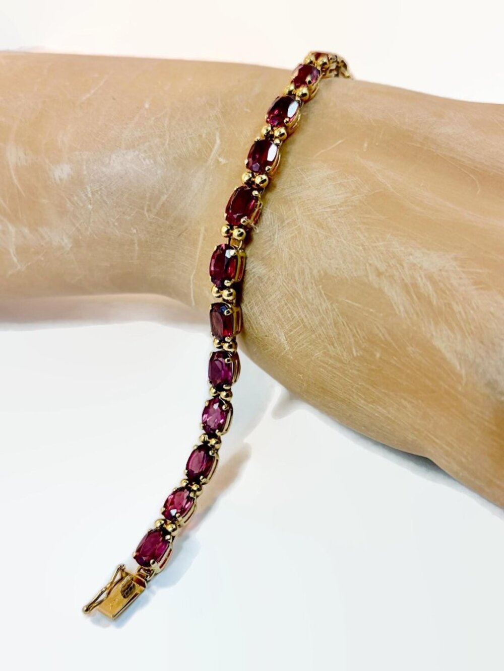 Garnet Bracelet, Rhodonite, 14K Gold, Yellow Gold, Vintage, Tennis Bracelet